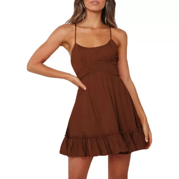 LYANER Women's Spaghetti Strap Scoop Neck Sleeveless Ruched Flared A Line Mini Dress