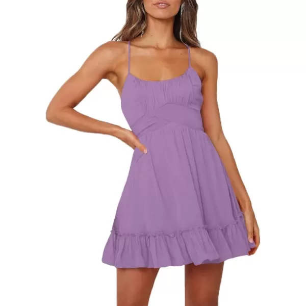 LYANER Women's Spaghetti Strap Scoop Neck Sleeveless Ruched Flared A Line Mini Dress