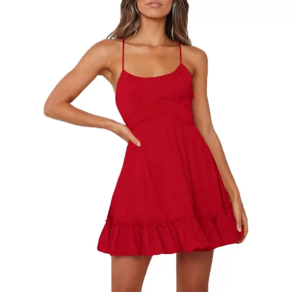 LYANER Women's Spaghetti Strap Scoop Neck Sleeveless Ruched Flared A Line Mini Dress