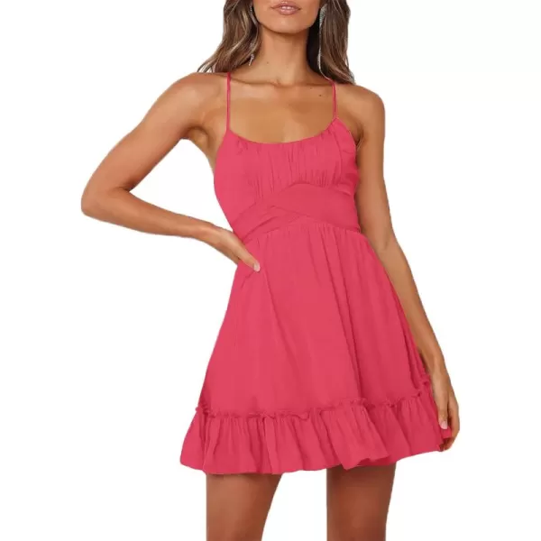 LYANER Women's Spaghetti Strap Scoop Neck Sleeveless Ruched Flared A Line Mini Dress