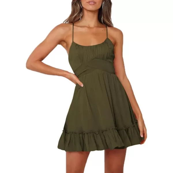 LYANER Women's Spaghetti Strap Scoop Neck Sleeveless Ruched Flared A Line Mini Dress