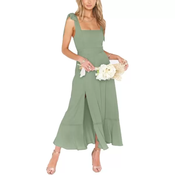 LYANER Women's Spaghetti Strap Square Neck Sleeveless High Waist Split Ruffle Hem Midi Dress