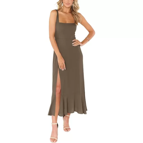 LYANER Women's Spaghetti Strap Square Neck Sleeveless High Waist Split Ruffle Hem Midi Dress