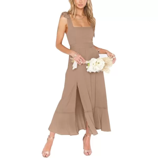 LYANER Women's Spaghetti Strap Square Neck Sleeveless High Waist Split Ruffle Hem Midi Dress
