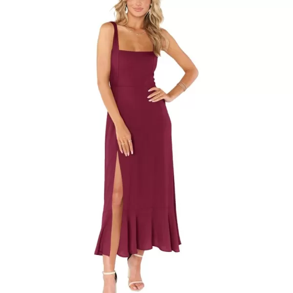 LYANER Women's Spaghetti Strap Square Neck Sleeveless High Waist Split Ruffle Hem Midi Dress
