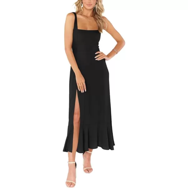 LYANER Women's Spaghetti Strap Square Neck Sleeveless High Waist Split Ruffle Hem Midi Dress