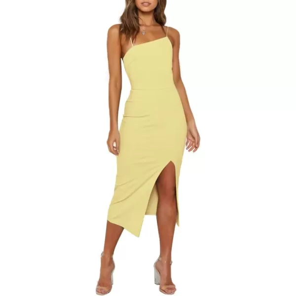 LYANER Women's Spaghetti Straps Split Hem Sleeveless Zipper Bodycon Midi Dress