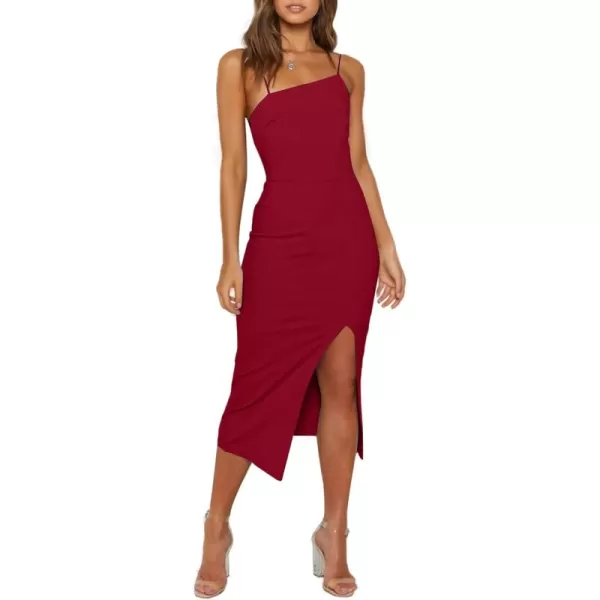 LYANER Women's Spaghetti Straps Split Hem Sleeveless Zipper Bodycon Midi Dress