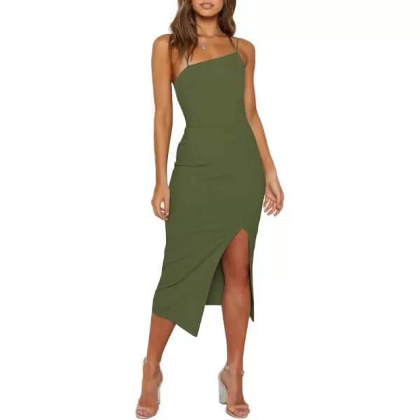 LYANER Women's Spaghetti Straps Split Hem Sleeveless Zipper Bodycon Midi Dress