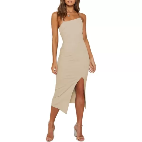 LYANER Women's Spaghetti Straps Split Hem Sleeveless Zipper Bodycon Midi Dress