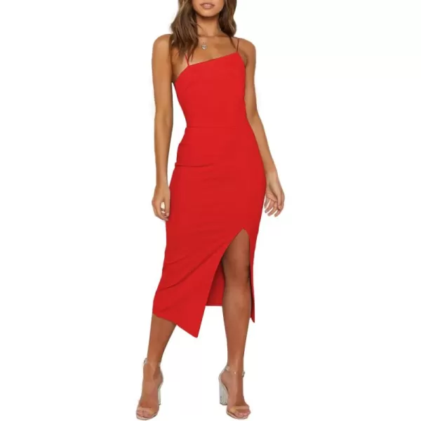 LYANER Women's Spaghetti Straps Split Hem Sleeveless Zipper Bodycon Midi Dress