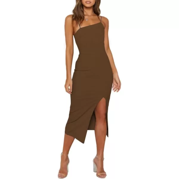 LYANER Women's Spaghetti Straps Split Hem Sleeveless Zipper Bodycon Midi Dress