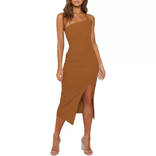 LYANER Women's Spaghetti Straps Split Hem Sleeveless Zipper Bodycon Midi Dress