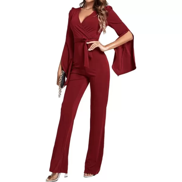 LYANER Women's Split Long Sleeve Wrap Deep V Neck Tie Waist Jumpsuit Long Pants Romper