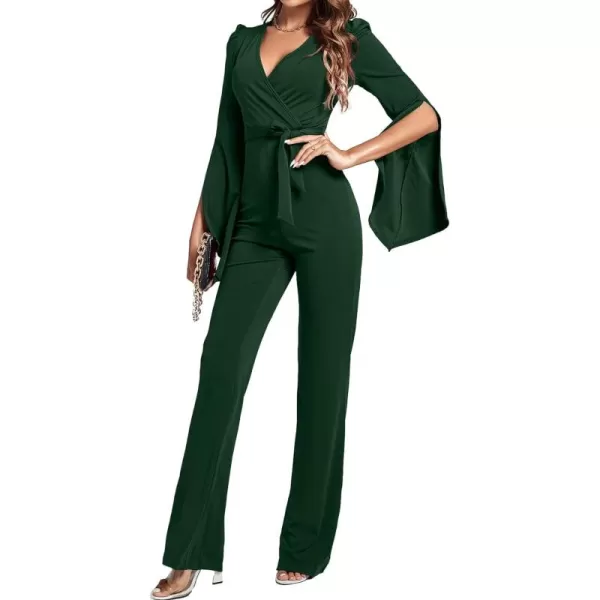 LYANER Women's Split Long Sleeve Wrap Deep V Neck Tie Waist Jumpsuit Long Pants Romper