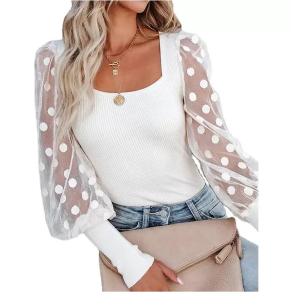 LYANER Women’s Square Neck Blouse Sheer Mesh Lantern Sleeve Polka Dot Knit Business Casual Tops Shirts