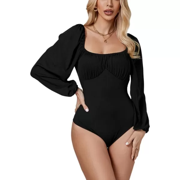 LYANER Women's Square Neck Lantern Long Sleeve Ribbed Bodycon Tops Bodysuit Jumpsuit