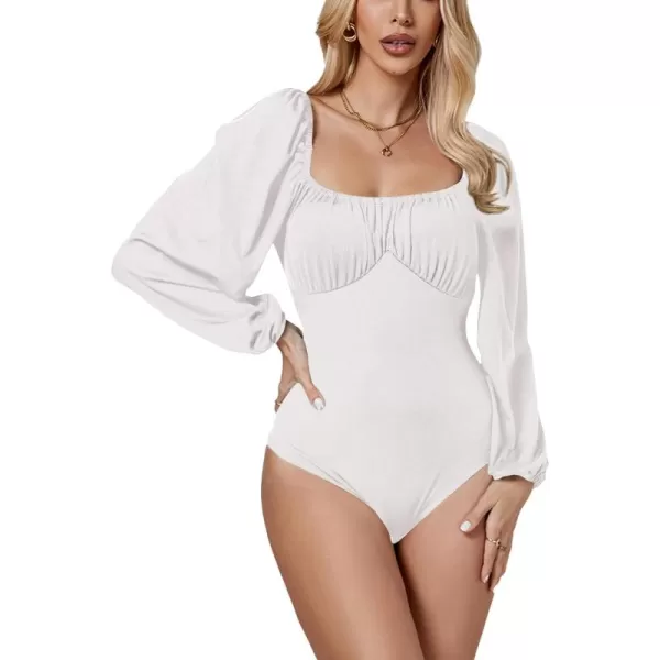 LYANER Women's Square Neck Lantern Long Sleeve Ribbed Bodycon Tops Bodysuit Jumpsuit