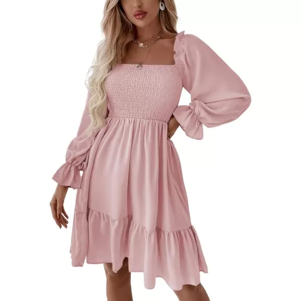 LYANER Women's Square Neck Lantern Long Sleeve Ruffle Shirred Flowy Party Mini Dress