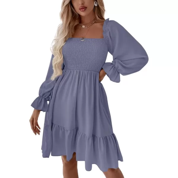 LYANER Women's Square Neck Lantern Long Sleeve Ruffle Shirred Flowy Party Mini Dress