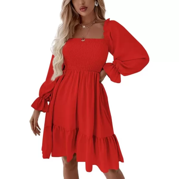 LYANER Women's Square Neck Lantern Long Sleeve Ruffle Shirred Flowy Party Mini Dress