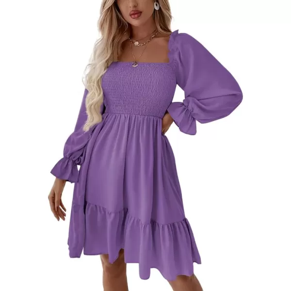 LYANER Women's Square Neck Lantern Long Sleeve Ruffle Shirred Flowy Party Mini Dress