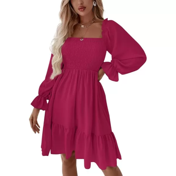LYANER Women's Square Neck Lantern Long Sleeve Ruffle Shirred Flowy Party Mini Dress