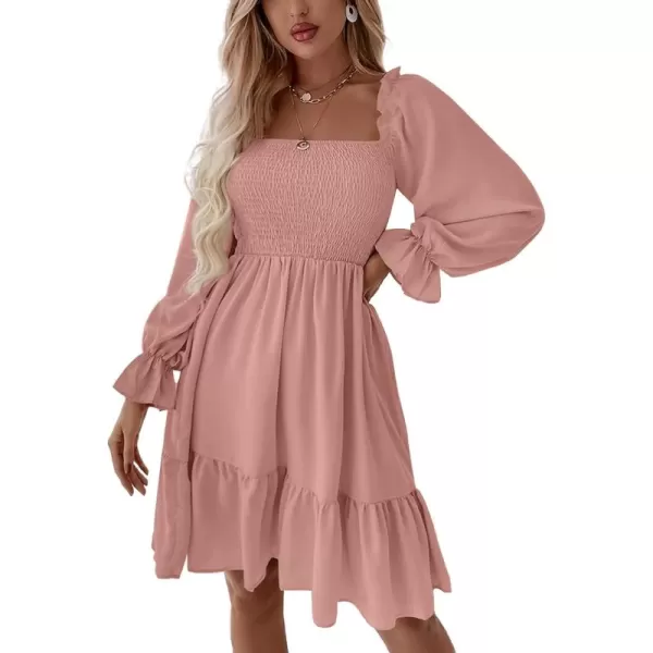 LYANER Women's Square Neck Lantern Long Sleeve Ruffle Shirred Flowy Party Mini Dress