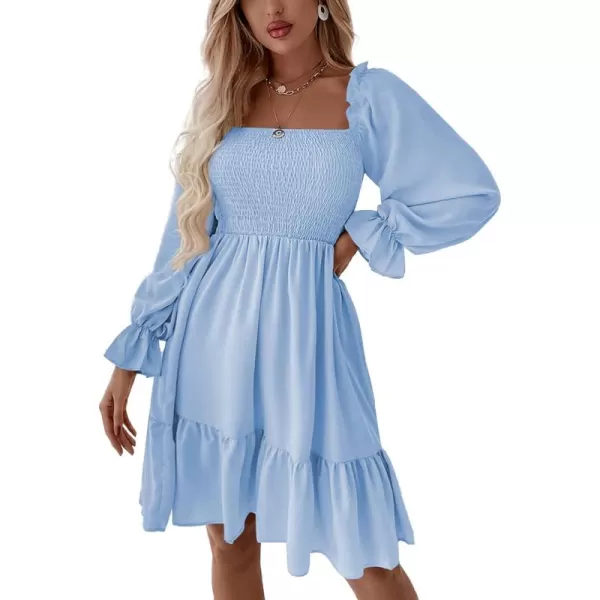 LYANER Women's Square Neck Lantern Long Sleeve Ruffle Shirred Flowy Party Mini Dress