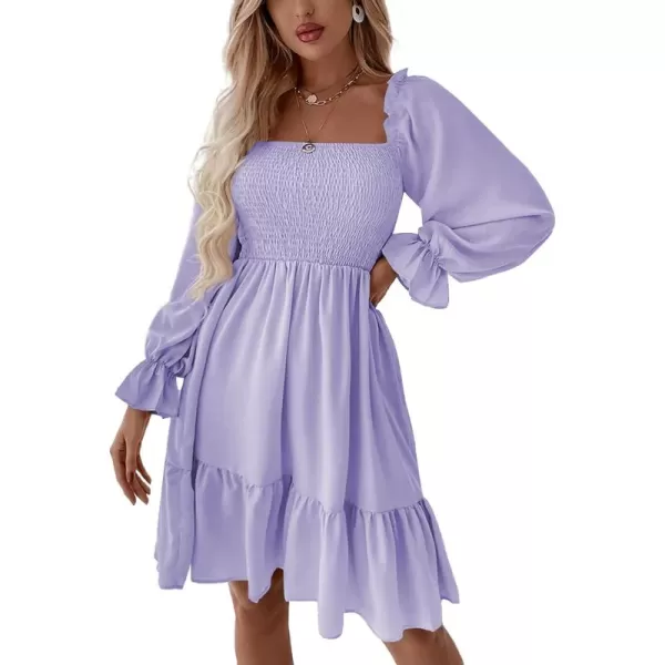 LYANER Women's Square Neck Lantern Long Sleeve Ruffle Shirred Flowy Party Mini Dress