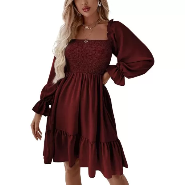 LYANER Women's Square Neck Lantern Long Sleeve Ruffle Shirred Flowy Party Mini Dress
