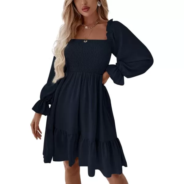 LYANER Women's Square Neck Lantern Long Sleeve Ruffle Shirred Flowy Party Mini Dress