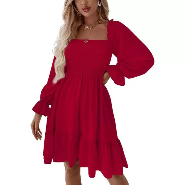 LYANER Women's Square Neck Lantern Long Sleeve Ruffle Shirred Flowy Party Mini Dress
