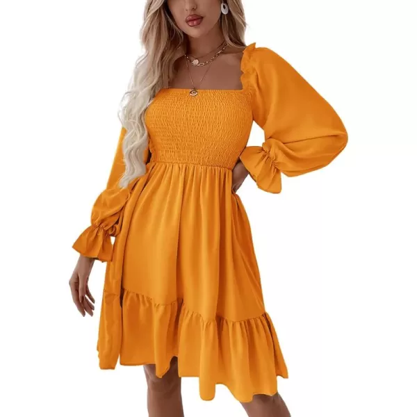 LYANER Women's Square Neck Lantern Long Sleeve Ruffle Shirred Flowy Party Mini Dress