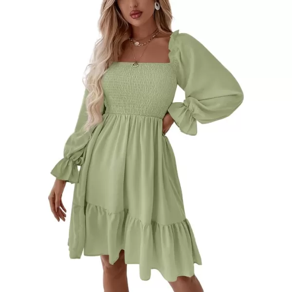 LYANER Women's Square Neck Lantern Long Sleeve Ruffle Shirred Flowy Party Mini Dress