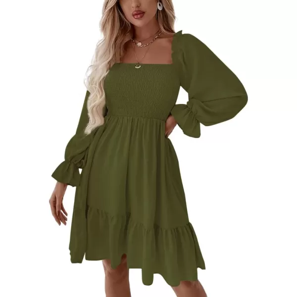 LYANER Women's Square Neck Lantern Long Sleeve Ruffle Shirred Flowy Party Mini Dress
