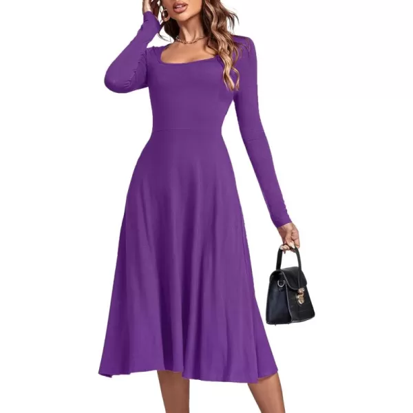 LYANER Women's Square Neck Long Sleeve Empire Waist A Line Flare Solid Midi Dress