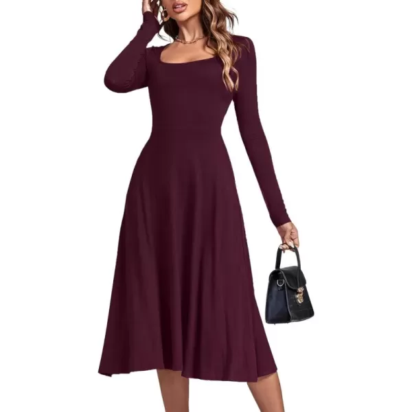 LYANER Women's Square Neck Long Sleeve Empire Waist A Line Flare Solid Midi Dress