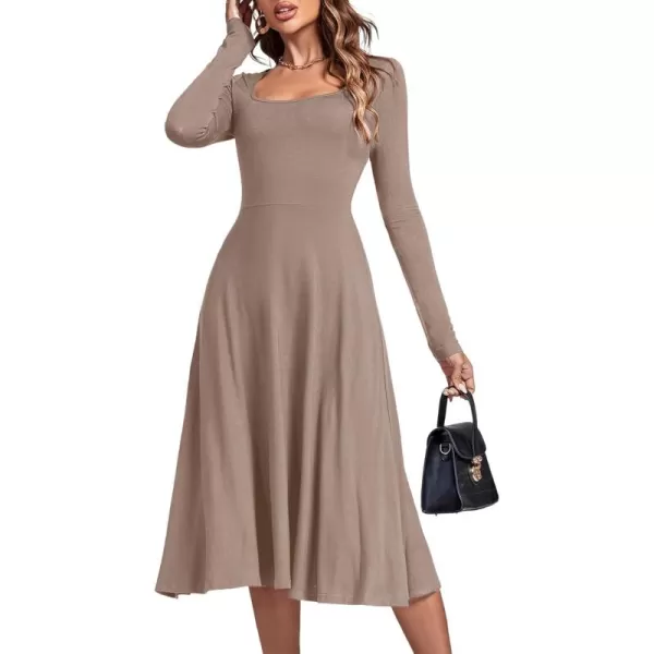 LYANER Women's Square Neck Long Sleeve Empire Waist A Line Flare Solid Midi Dress