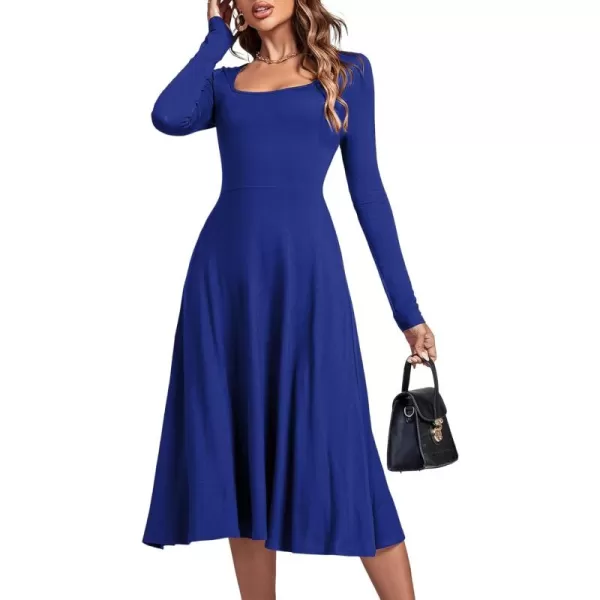 LYANER Women's Square Neck Long Sleeve Empire Waist A Line Flare Solid Midi Dress