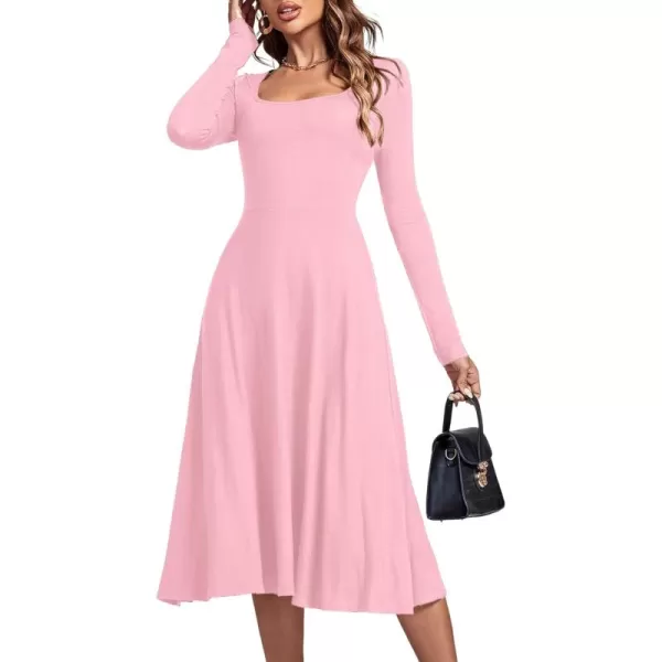 LYANER Women's Square Neck Long Sleeve Empire Waist A Line Flare Solid Midi Dress