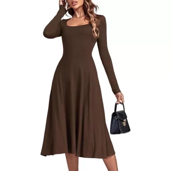 LYANER Women's Square Neck Long Sleeve Empire Waist A Line Flare Solid Midi Dress