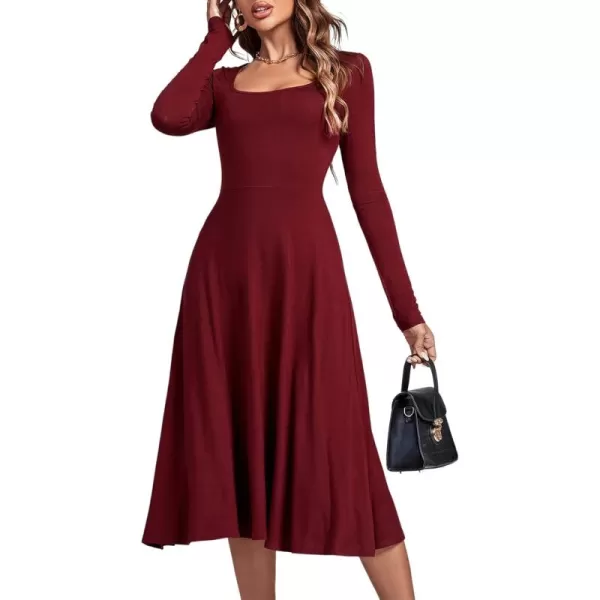 LYANER Women's Square Neck Long Sleeve Empire Waist A Line Flare Solid Midi Dress