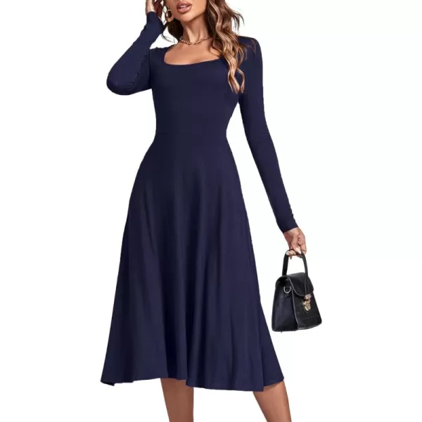 LYANER Women's Square Neck Long Sleeve Empire Waist A Line Flare Solid Midi Dress