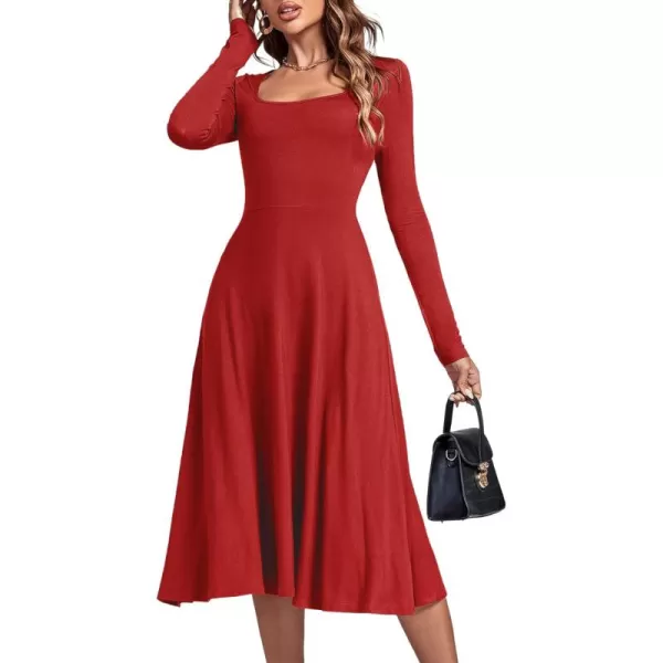 LYANER Women's Square Neck Long Sleeve Empire Waist A Line Flare Solid Midi Dress