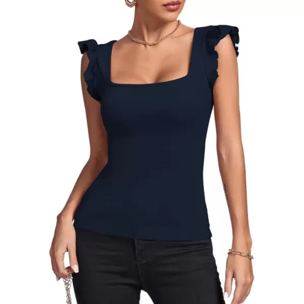 LYANER Women's Square Neck Ruffle Cap Sleeve Ribbed Knit Solid Slim Fit Tee Top
