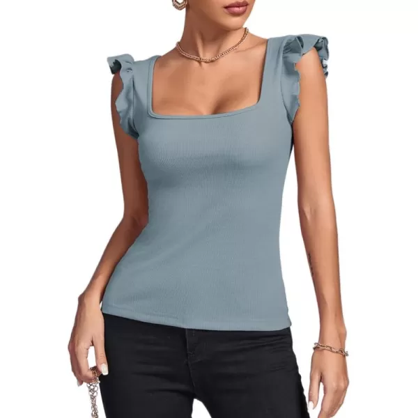 LYANER Women's Square Neck Ruffle Cap Sleeve Ribbed Knit Solid Slim Fit Tee Top