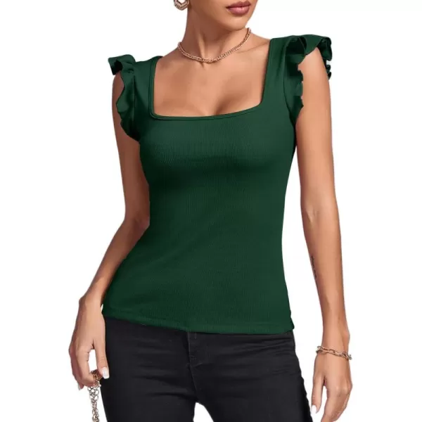 LYANER Women's Square Neck Ruffle Cap Sleeve Ribbed Knit Solid Slim Fit Tee Top