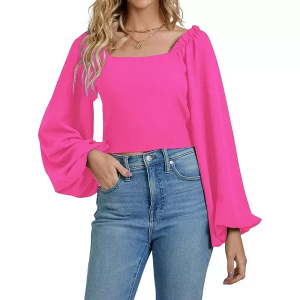LYANER Women's Square Neck Shirred Back Puff Long Sleeve Crop Blouse Shirt Top