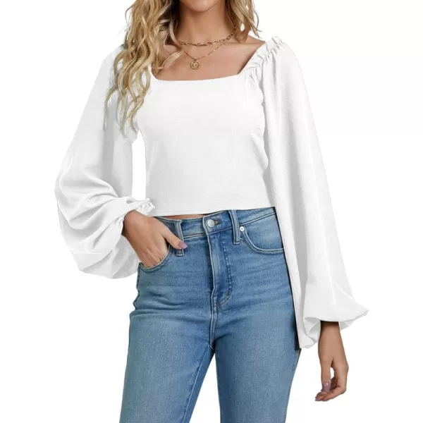 LYANER Women's Square Neck Shirred Back Puff Long Sleeve Crop Blouse Shirt Top